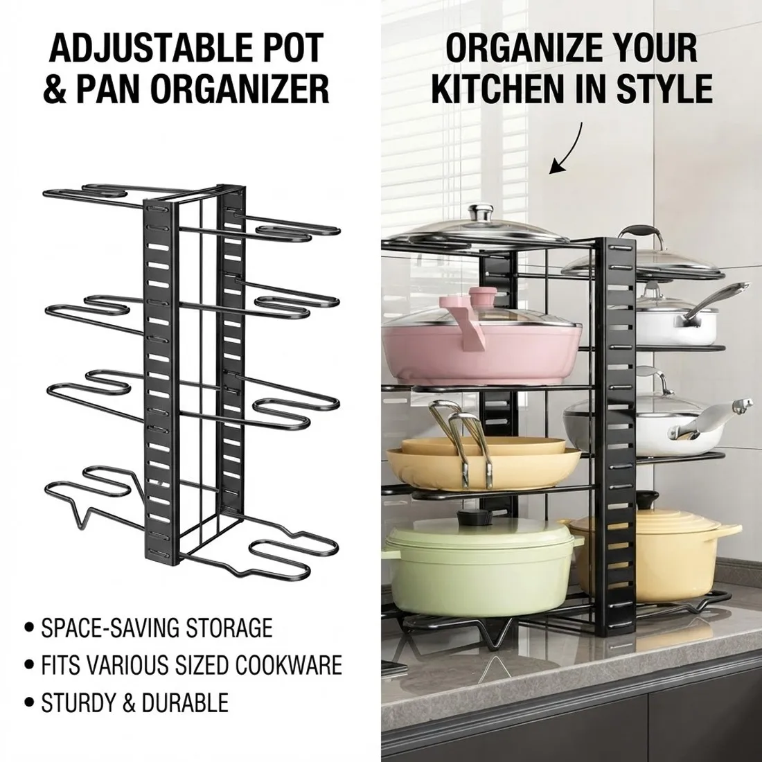 Adjustable pot and pan organiser