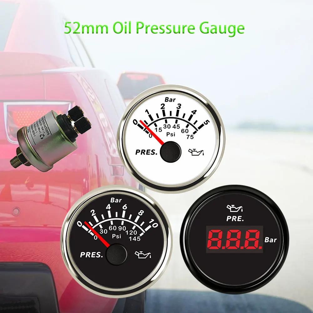 RHAXEL 52mm Oil Pressure Gauge Meter Signal 0-5bar 0-75Psi 0-10bar 0-145Psi for Car Trucks Yachts with Red Backlight 9-32V