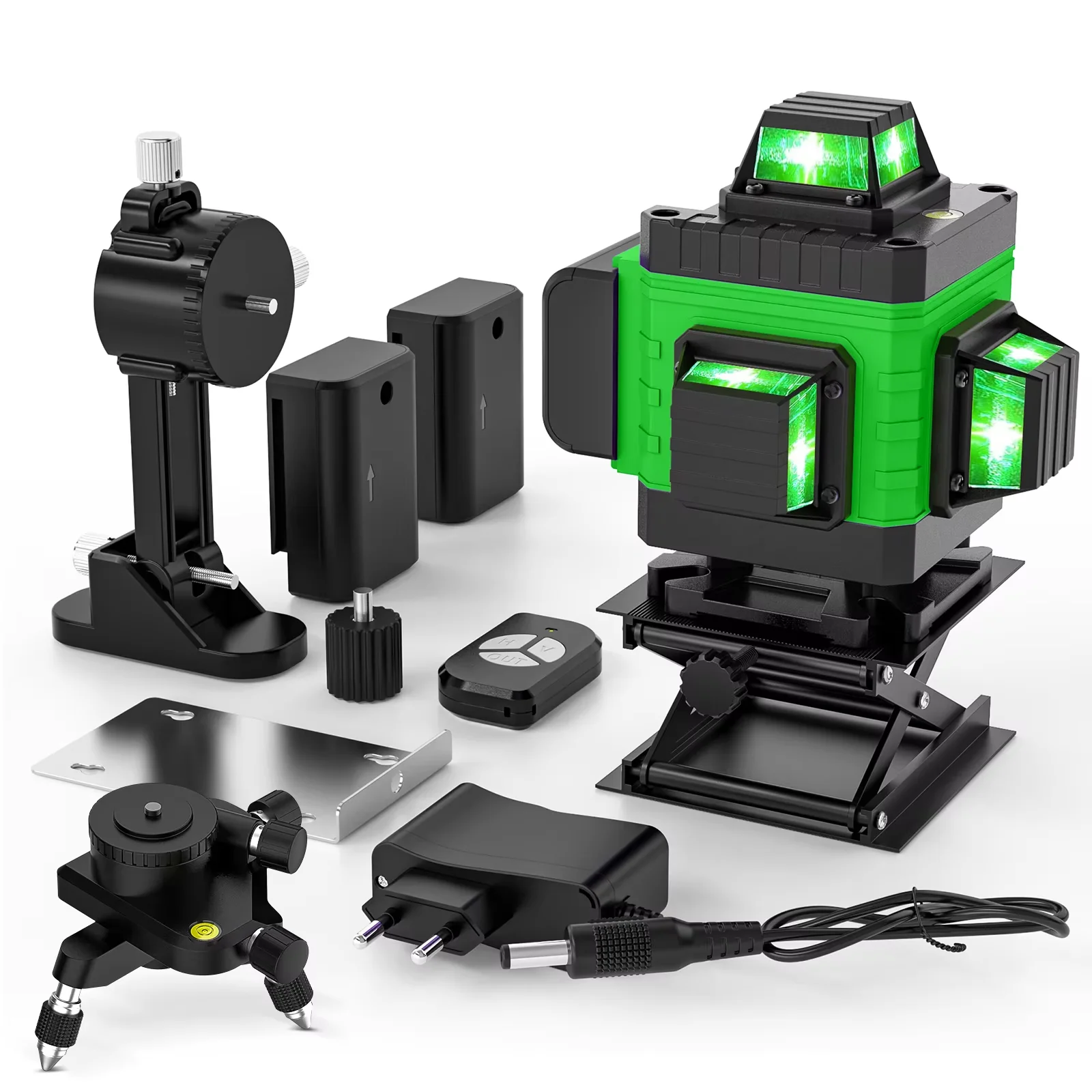 Nivel Láser 4D de 16 Líneas, 360° Horizontal y Vertical, Autonivelante, Haz Verde, con 1 Batería Recargable de Litio