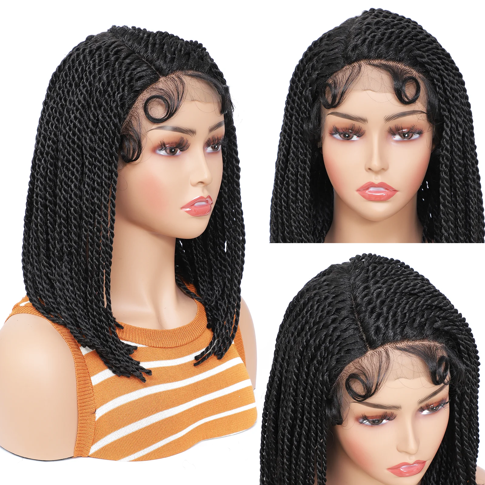 

Синтетические черные плетеные парики в коробке, 14-дюймовый боковой пробор, короткие боб, косички, парики, Т-образная часть, кружевной парик, термостойкие волосы