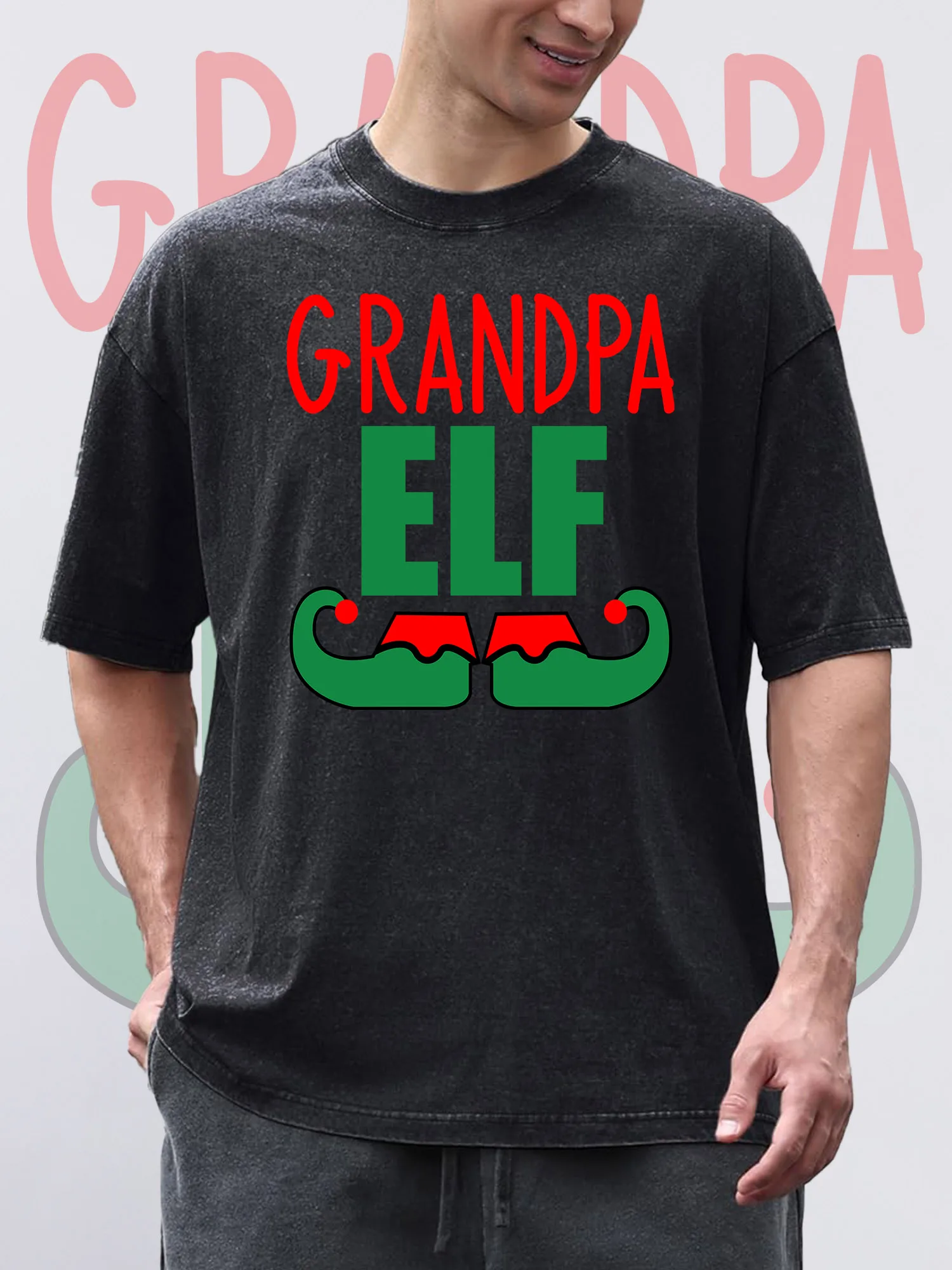 

Men's T-Shirts GRANDPA ELE Printed Black Short-Sleeved Round Neck 100% Pure Cotton Acid Wash Suitable For Christmas