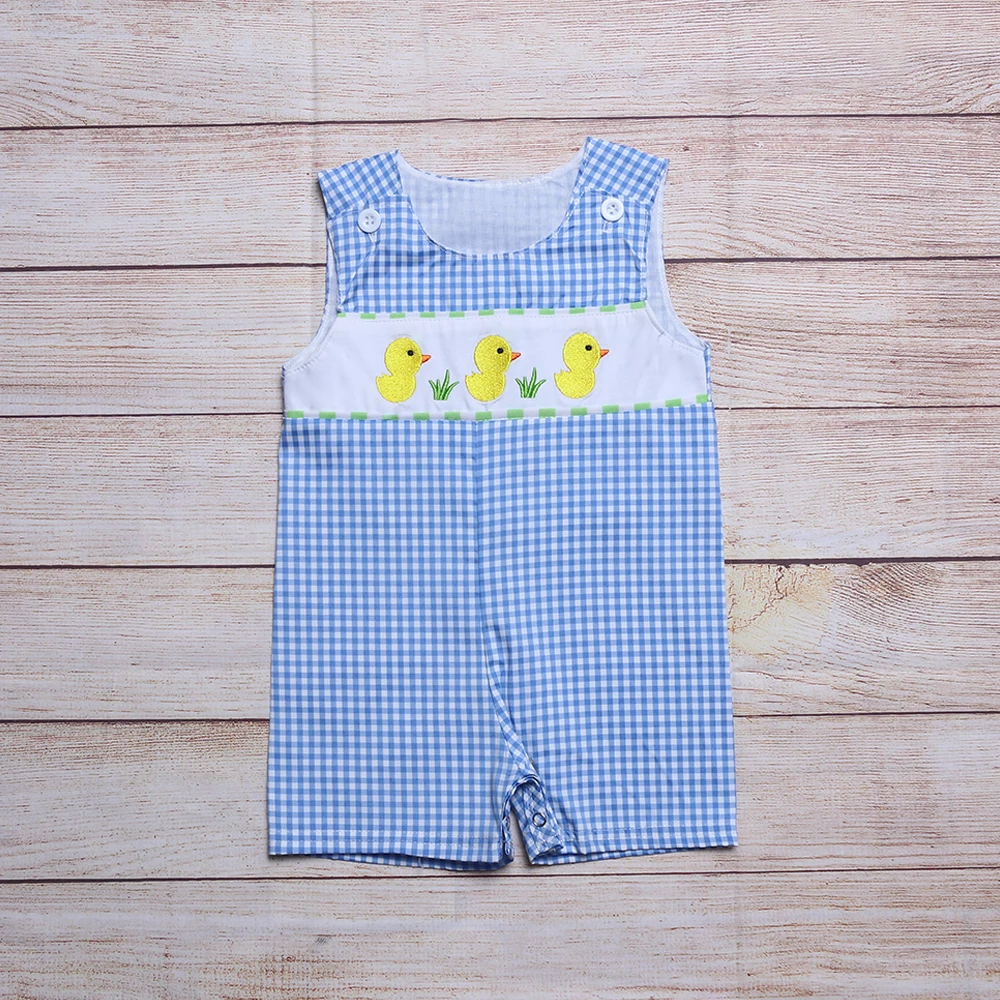 2024 Fashion New Summer Sleeveless Baby Boy Jumpsuit Little Yellow Duck Embroidery Bodysuit Blue Lattice One-Piece Clothes