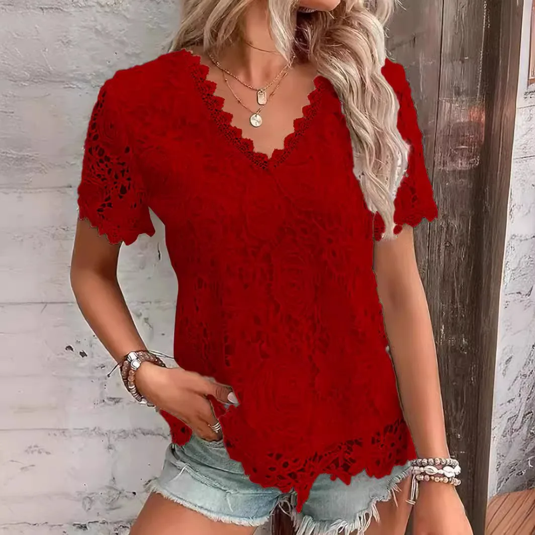 Elegant Lace Tee Shirt Women Vintage Solid Color Short Sleeve V-Neck T-Shirt Streetwear Ladies Casual Fashion Basic T-shirts