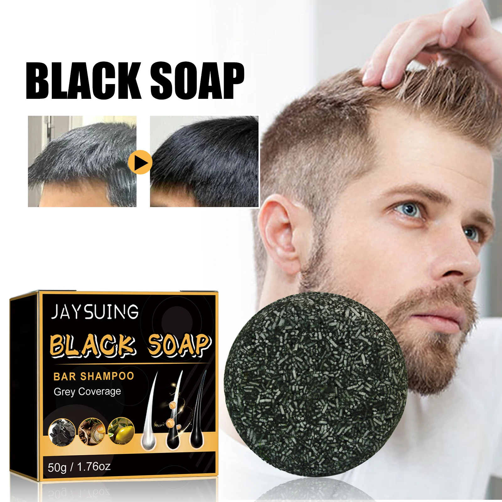 

50g Jaysuing Black Hair Soap Repair Gray White Hair Persistent Color Fixation Clean Scalp Natural Smooth Nourish Solid Shampoo