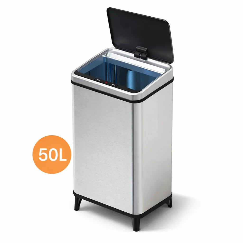 Poubelle Automatique 50L Inox Cuisine – Capteur Infrarouge Sans Contact, Fermeture Silencieuse, Anti-Traces, Réglable