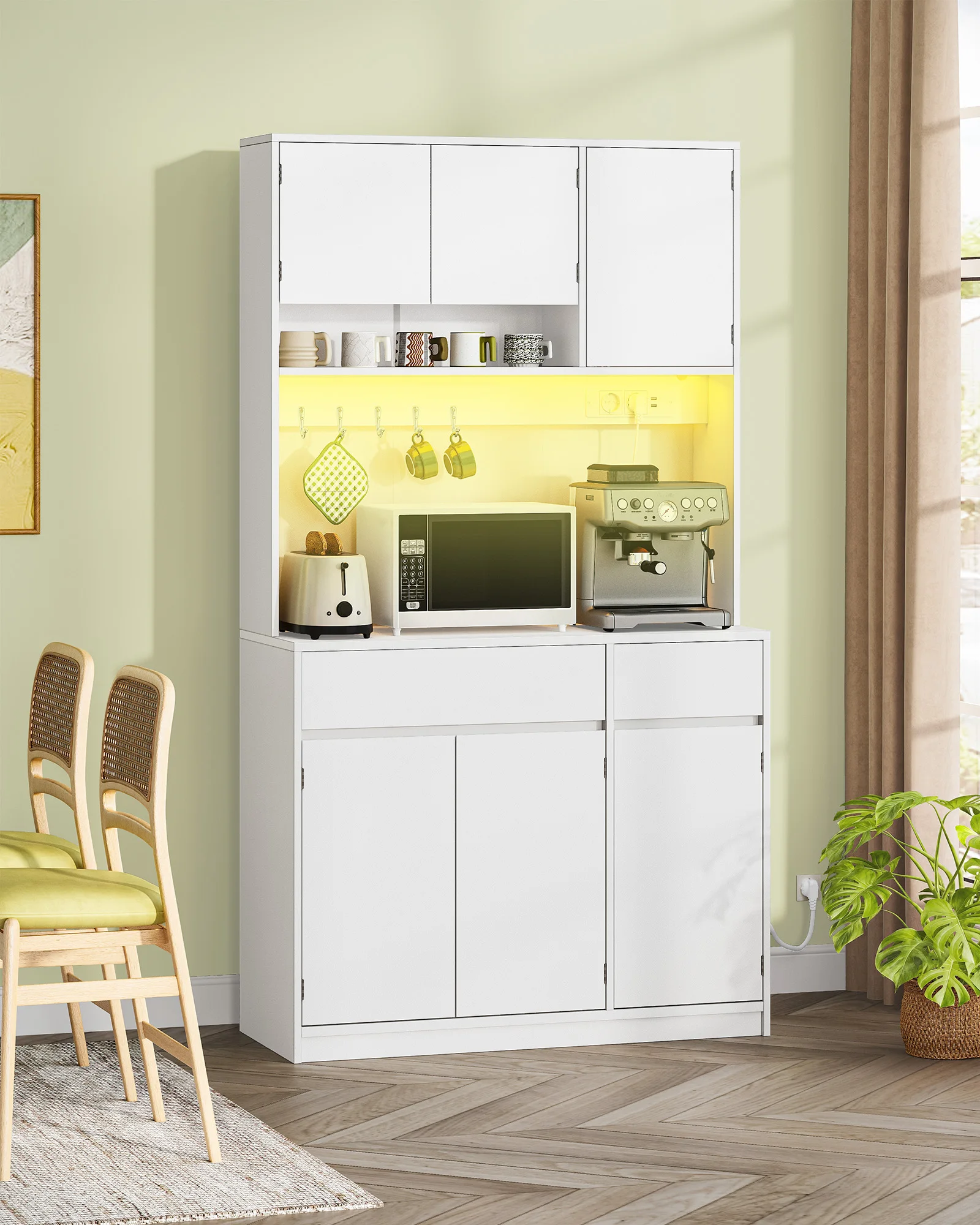 Armoire de cuisine, buffet, armoire haute avec prises et bandes lumineuses LED, avec plans de travail et deux tiroirs