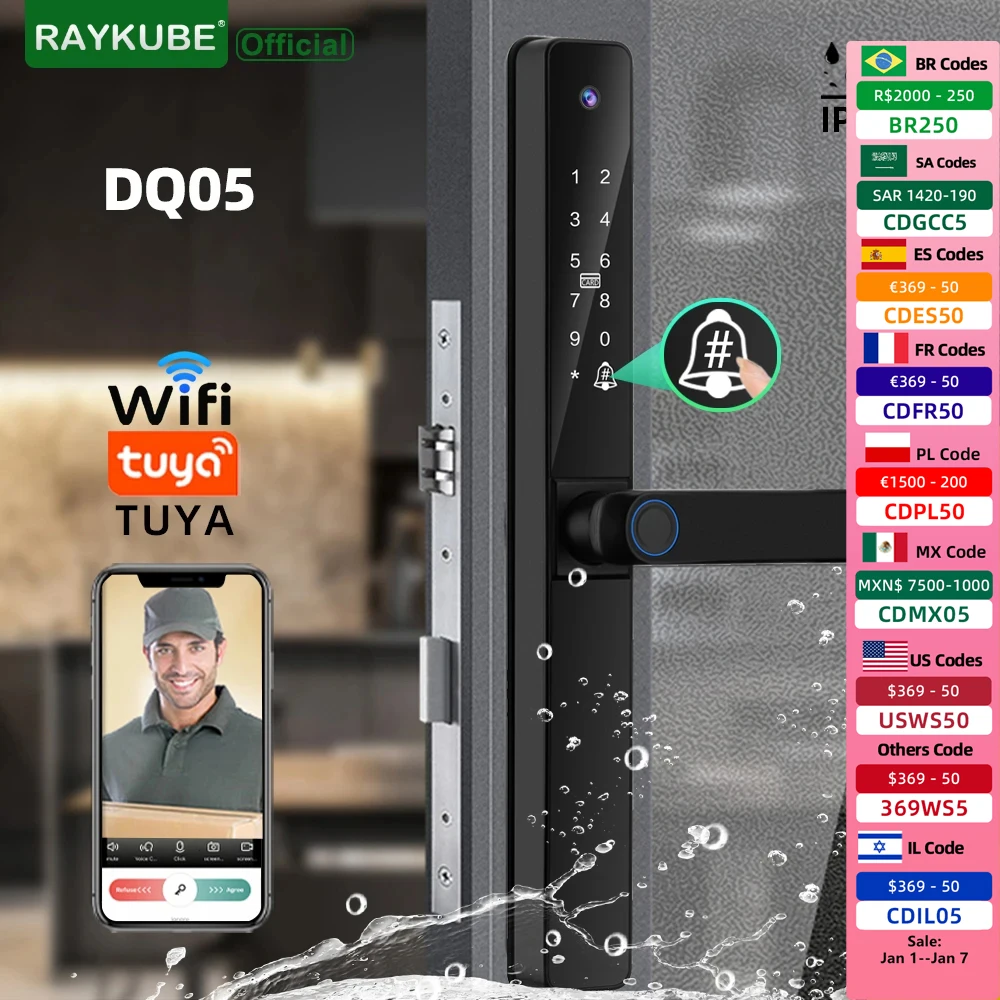 

RAYKUBE DQ05 IP66 Waterproof Tuya WiFi Door Lock Aluminum Door Locks With APP Video Call Fingerprint Password IC Card Key Unlock