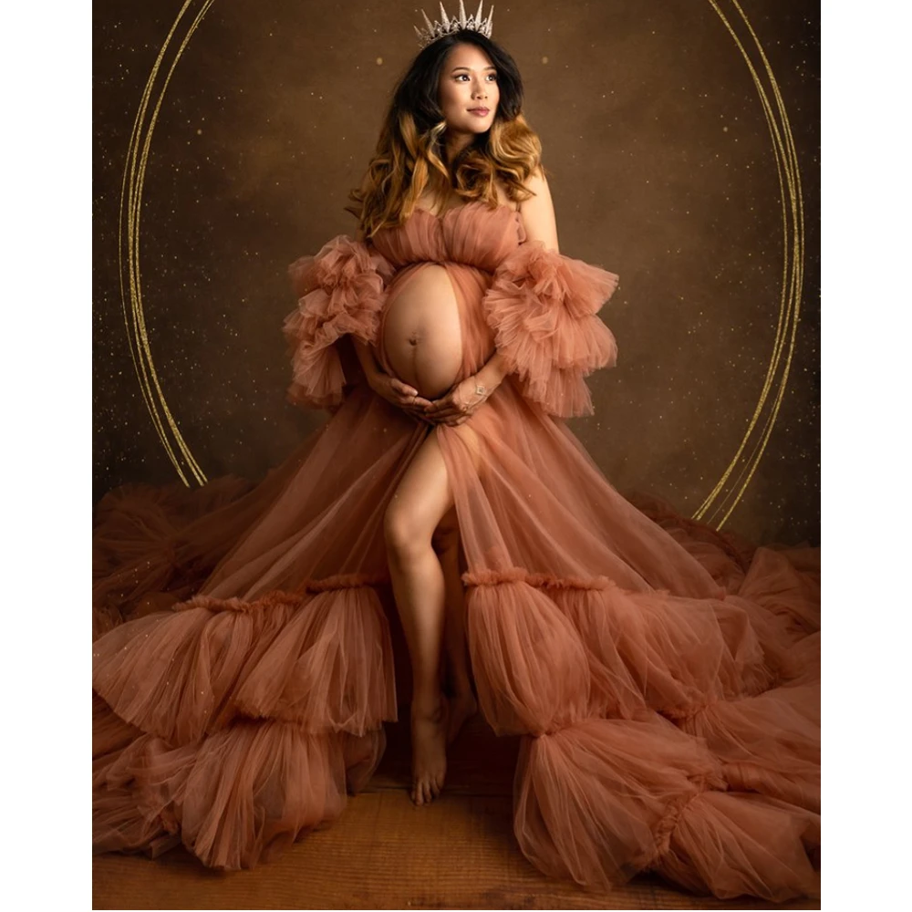 

Dusty Brown A Line Maternity Dresses Off The Shoulder Ruffles Front Split Pregnant Women Gown for Photoshoot Babyshower Dresses