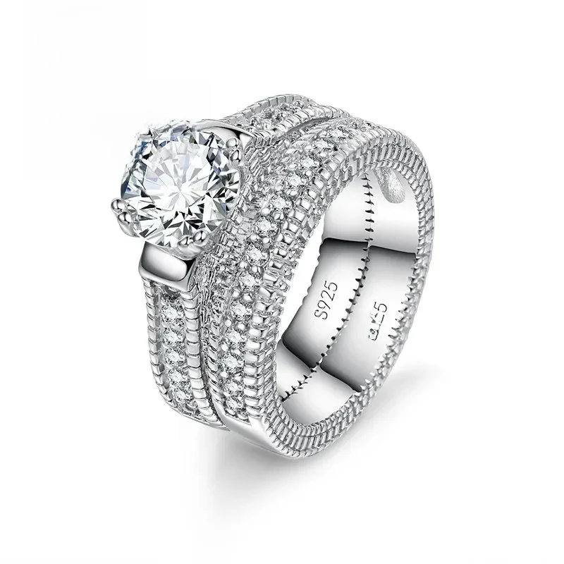 Elegancja 925 Sterling Silver 2 PCS Zestaw pierścionków Paved Full Wysokiej jakości błyszczące kryształy Anel dla kobiet Biżuteria ślubna panny młodej — zdjęcie 2