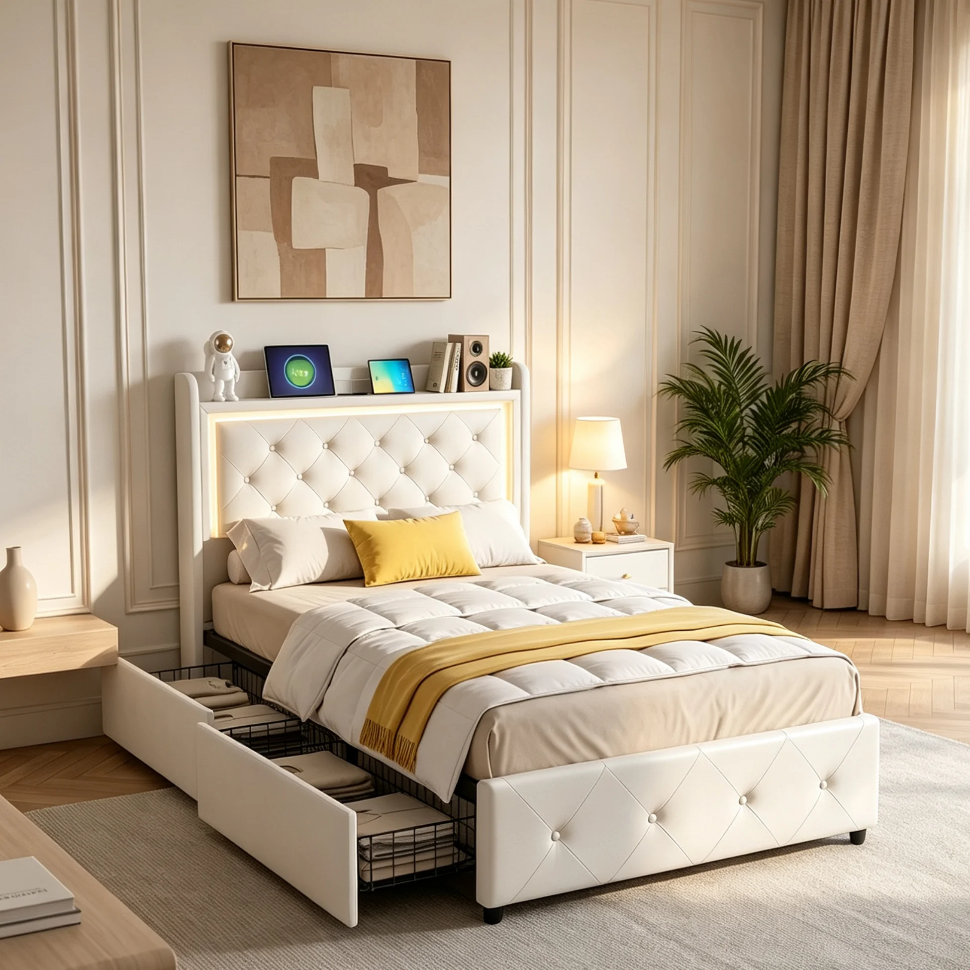 Letto imbottito Simurq, 90 x 200 cm, letto singolo per giovani, con 2 cassetti per riporre oggetti e testiera, struttura del letto con rete a doghe, rivestimento in velluto, senza materasso, colore