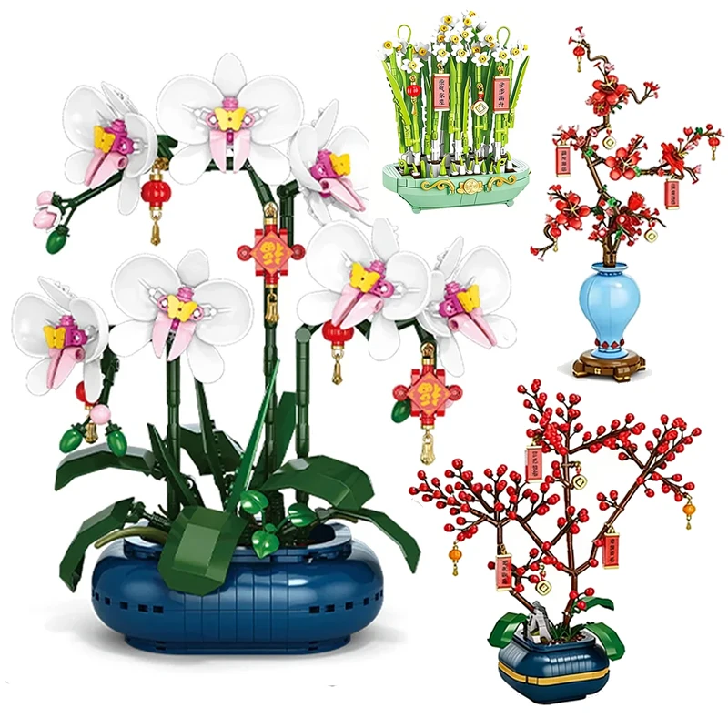 Orchideen-Blumenstrauß-Bausatz, Pfirsichblüten-Blöcke, Pflaumen-, Pfirsich- und Narzissen-Bonsai, Topfpflanze, Heimdekoration, Spielzeug, Valentinstagsgeschenk