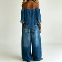 Women Off Shoulder Denim Jumpsuit 3/4 Roll Sleeve Button Front Wide Leg Jean Overalls Loose Fit Multi Pocket Casual Streetwear 2026 Summer Trendy Vacation Outfit - Image 2