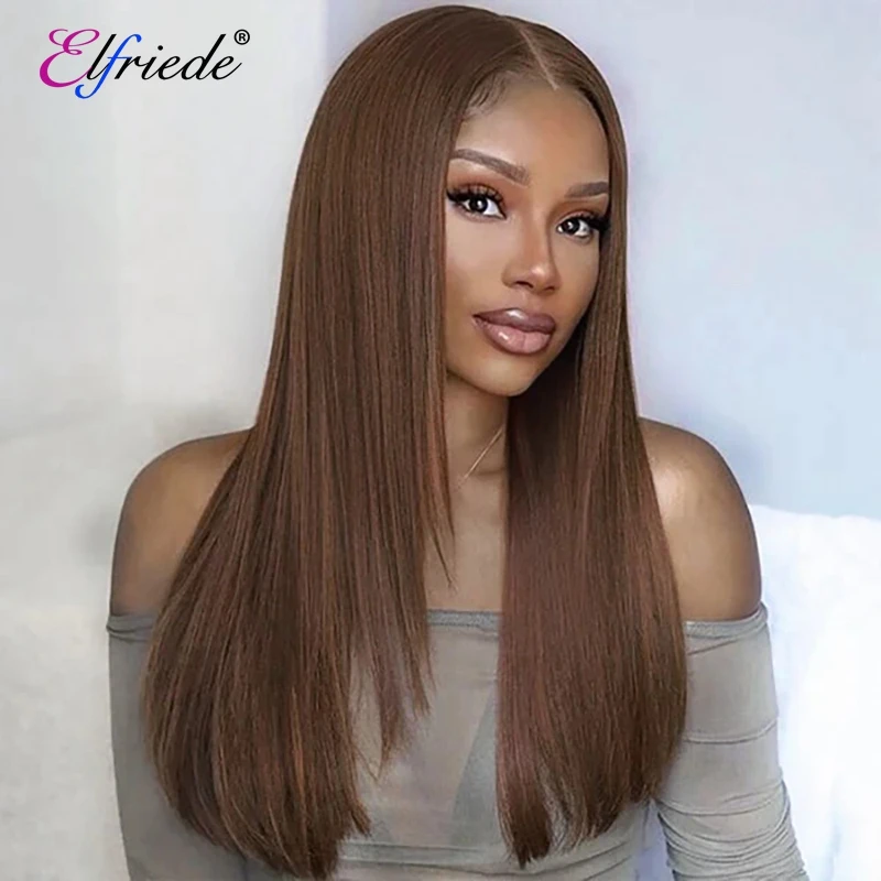 

Elfriede #4 Chocolate Brown Straight Layered Cut HD Lace Wigs Women's 13X4 13X6 Lace Front Preplucked Brazilian Human Hair Wigs