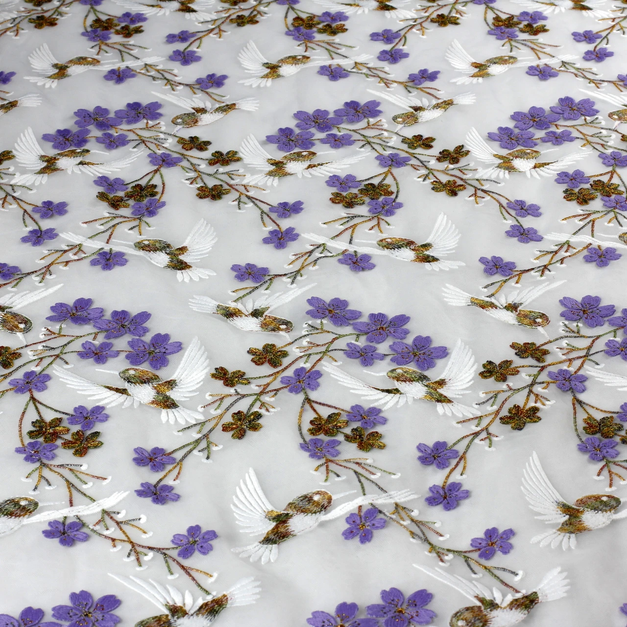 HelluyerDc mixed colors on white tulle lace fabric, beautiful flowers,birds embroidery for prom dress for fashion designs