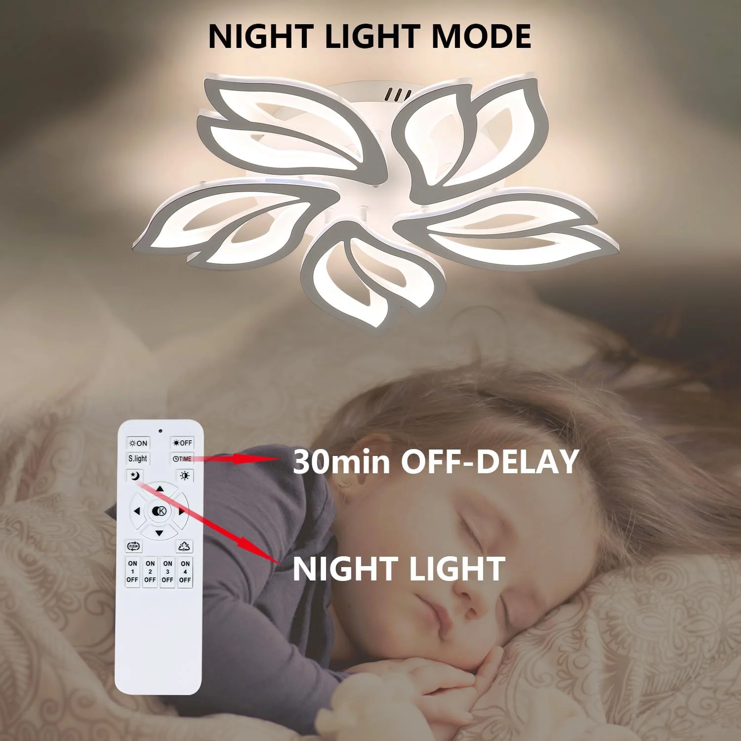 LED-Deckenleuchte, 45W Moderne LED-Deckenlampe Dimmbar mit Fernbedienung, Weiße 5-Blüten-Acryl-Deckenleuchte für Wohnzimmer – Detail 2