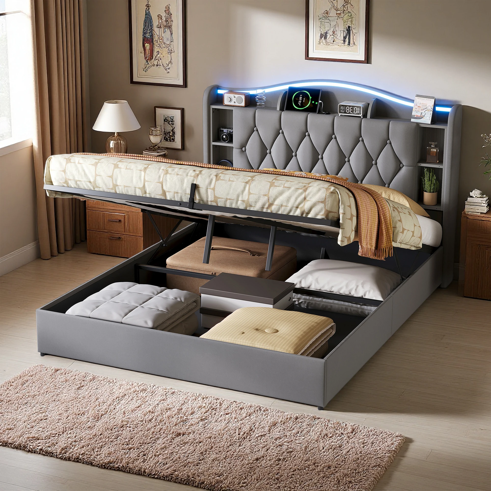 Letto imbottito Superaly 140x190 cm con vano contenitore, letto con meccanismo idraulico e struttura a doghe, letto matrimoniale con testiera contenitore, letto per ragazzi, struttura letto, velluto,