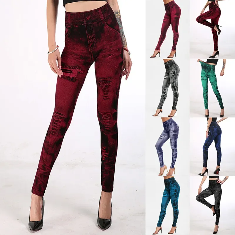 Celana legging Fitness ketat untuk wanita, celana legging wanita, celana jins imitasi, celana jins Vintage, celana ketat, celana modis seksi High Street Push Up, untuk wanita