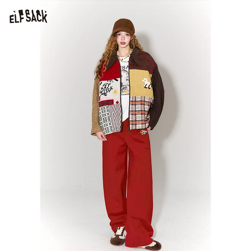 

ELFSACK Trendy Red Wide Leg Pants, Easy to Match with Sweaters & Blazers, Comfortable Loose Fit, Autumn Winter Women's Trousers