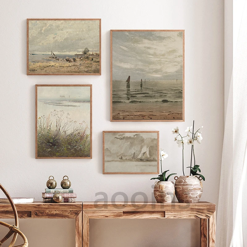 Moody Seascape Vintage Oil Painting Canvas Poster Neutral Coastal Gallery Wall Art Print Beach Landscape Pictures Nautical Decor