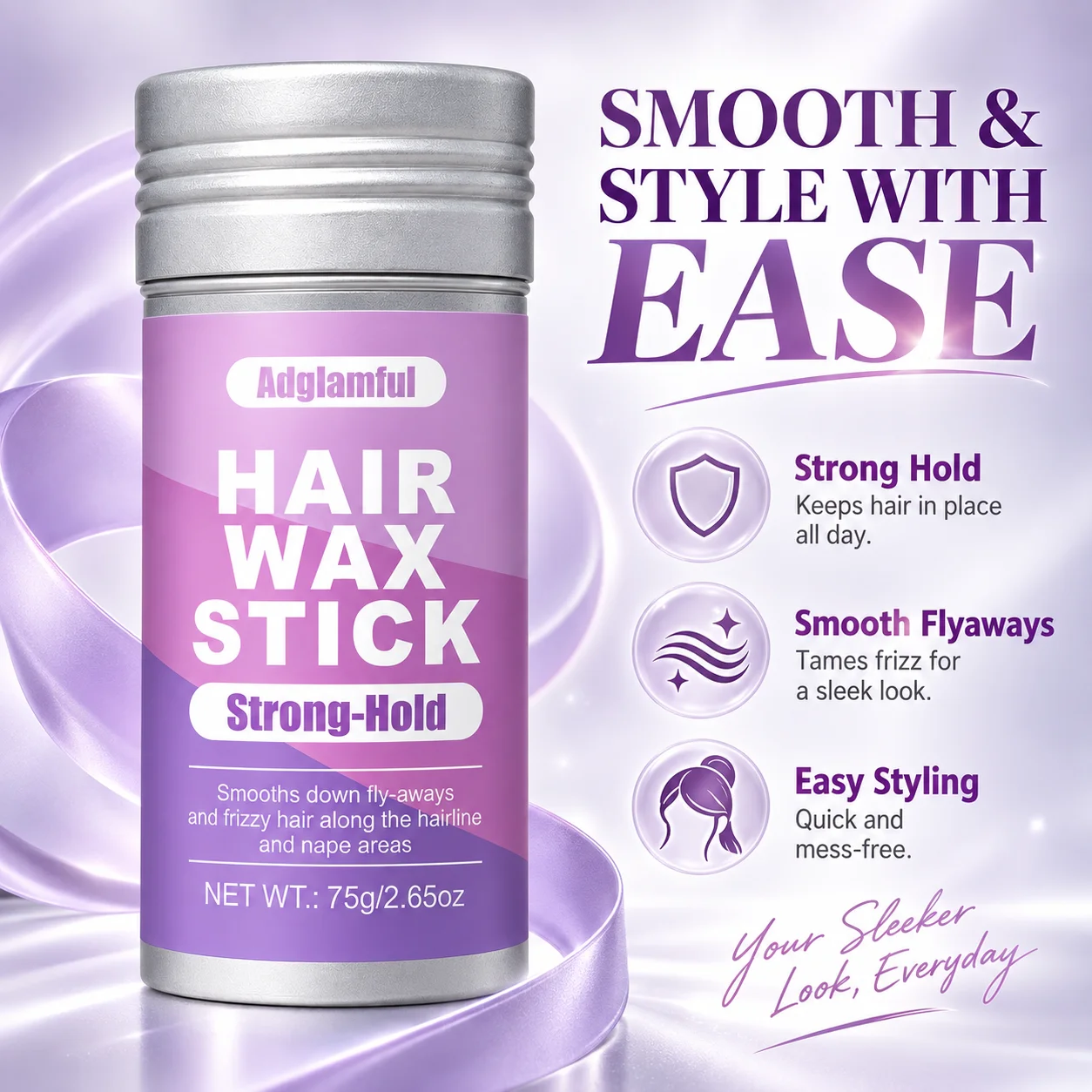 Adglamful Hair Wax Stick 75g, Strong Hold Styling Wax for Flyaways & Frizzy Hair, Smooth Hairline & Sleek Hairstyles