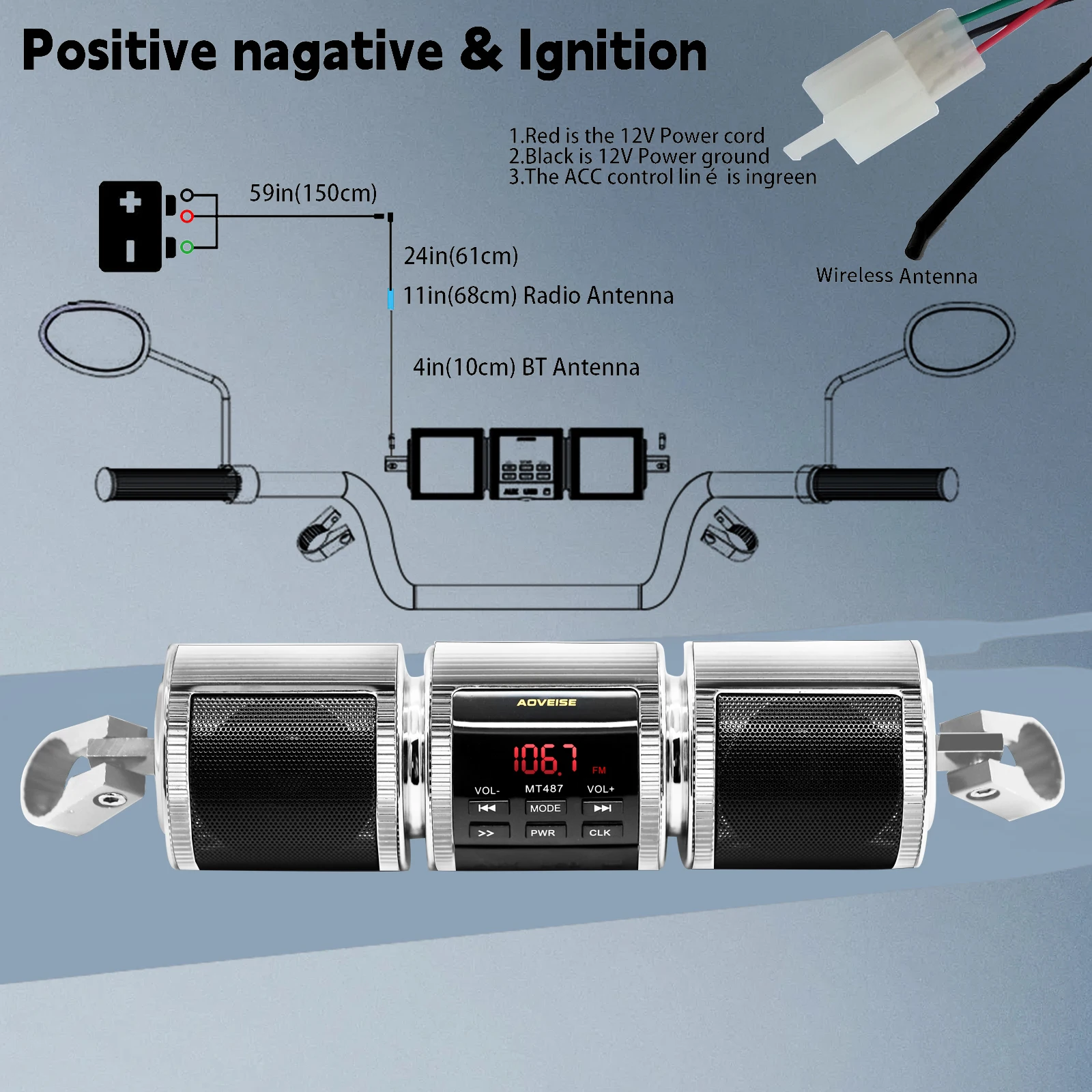 مكبرات صوت ستيريو لمقود الدراجة النارية مشغل MP3 لاسلكي مع بطاقة AUX-IN/USB/TF وراديو FM فضي