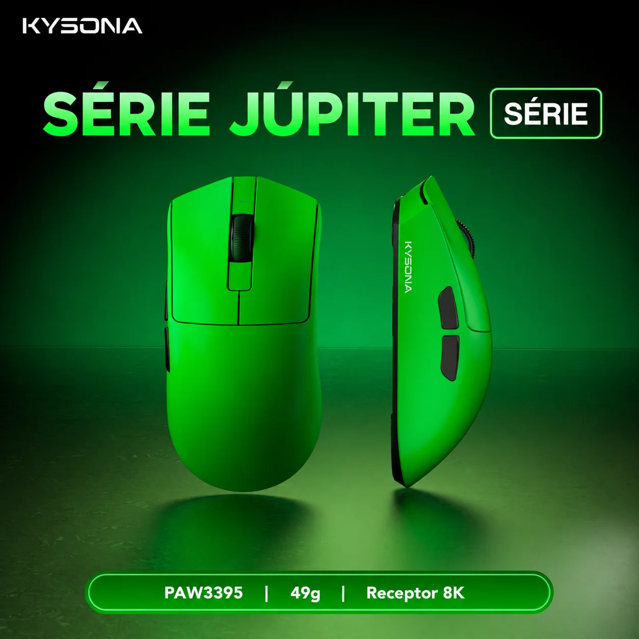 Entrega Local Brasil - Mouse Gamer Kysona Jupiter, Sensor PAW3395, 26000 DPI ajustável, Ultraleve 49g, Modo Sem Fio 8KHz + Bluetooth, Totalmente Recar