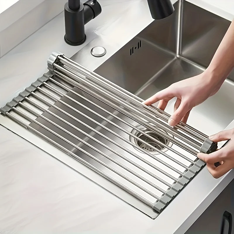 Roll-Up Dish Drying Rack, Non-Slip Silicone Coating,Heat Resistant,Multipurpose Kitchen Sink Rack For Stemware & Baking Sheets