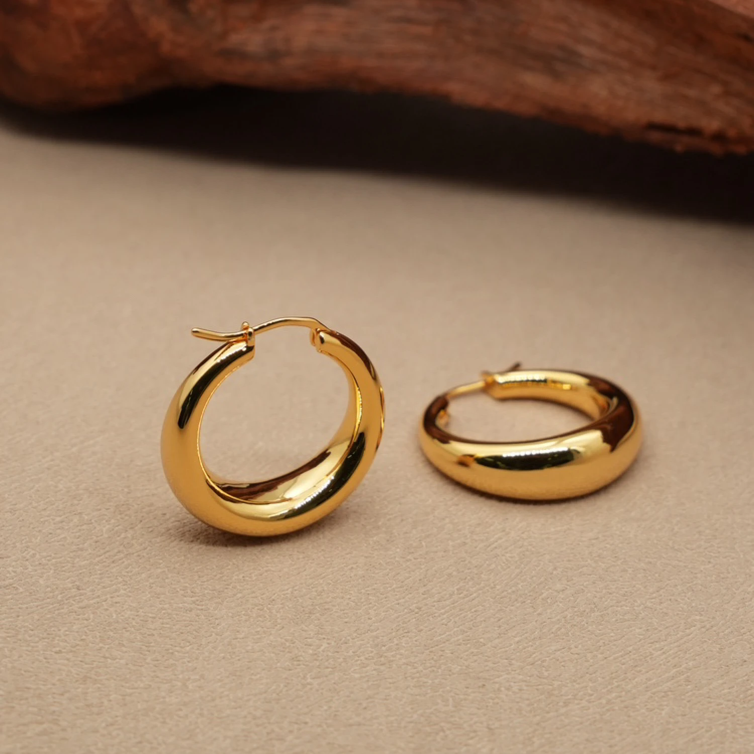 YAJUNIEL 24K Real Gold Plated Chunky Hoop Earrings for Women Hypoallergenic Thick Brass Tube Hoops Modern Minimalist Jewelry