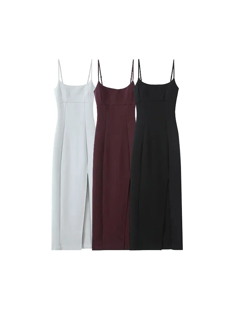 Femmes mode avant Vent doux à bretelles robe mi-longue col droit fines bretelles robes féminines robes Mujer