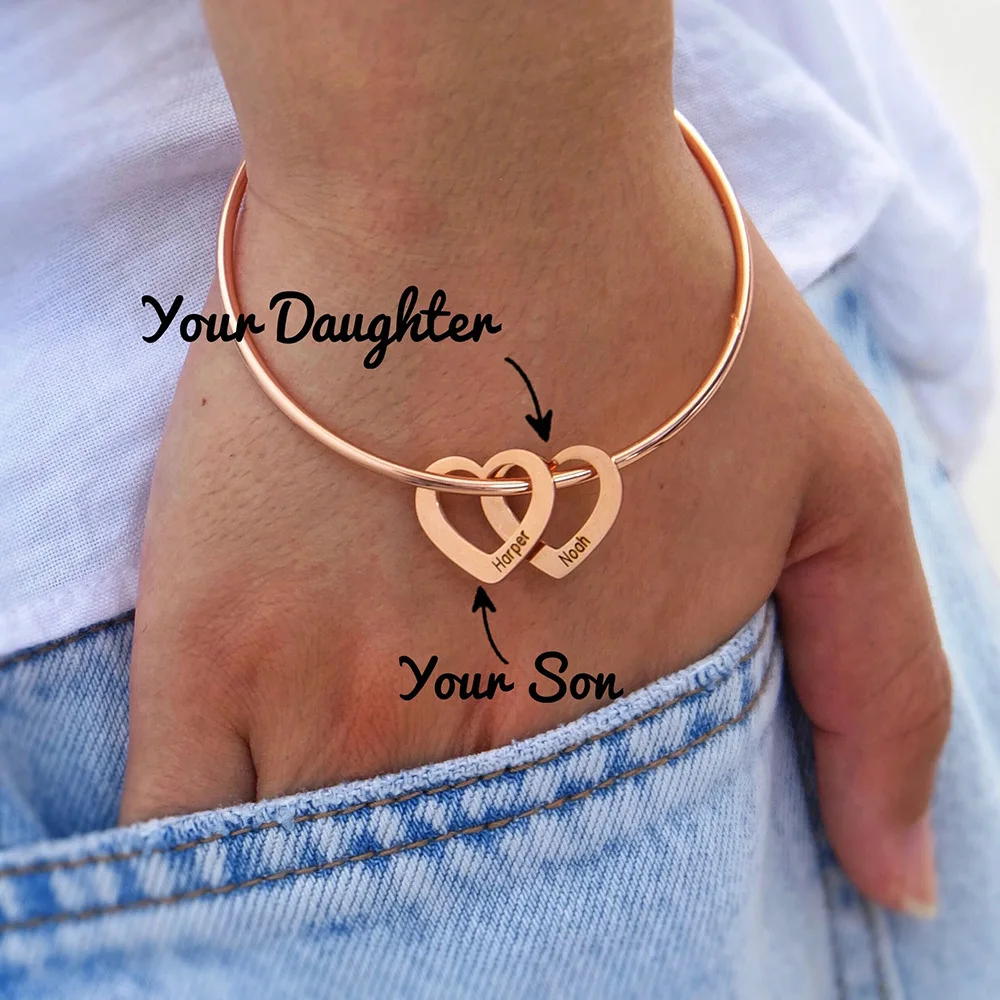 Personalized Heart Engraved Multi-Name Bracelet Simple Stainless Steel Multi-Love String Women Bracelet Valentine\'s Day Her Gift