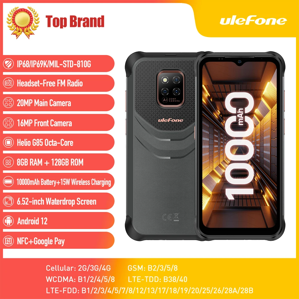 Ulefone Power Armor 14 Pro Global Rugged Phone 8GB 128GB 10000mAh Android 12 Waterproof Smartphone Wireless Charging NFC