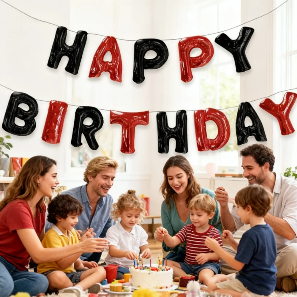 

Black Red Happy Birthday Banner 16 Inch Aluminum Mylar Foil Letters Balloons Party Decorations Supplies for Kids and Adult