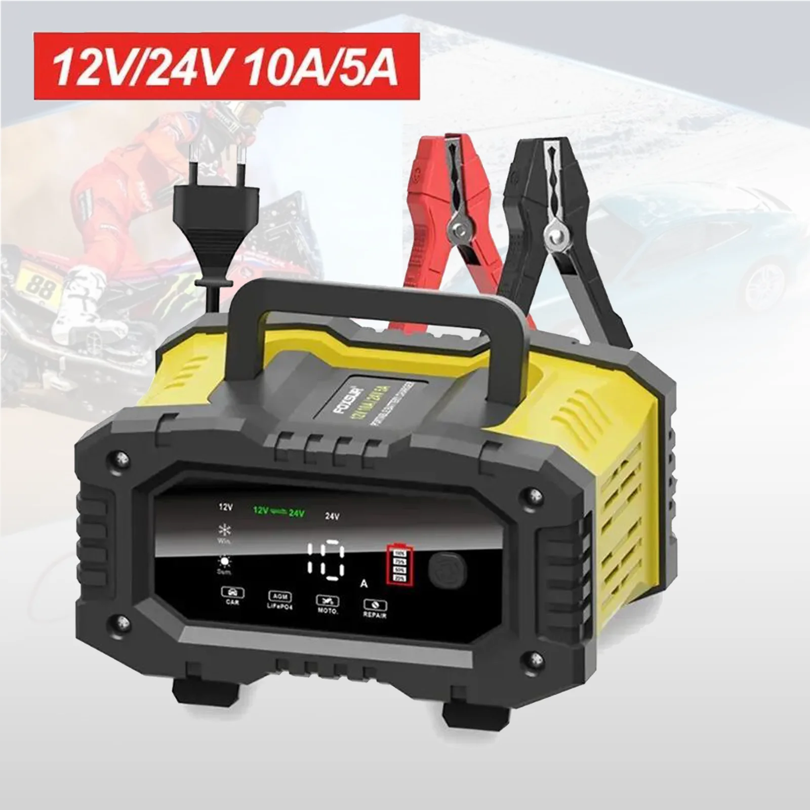 12V/24V 10A/5A 20A/10A Auto- und Motorrad-Batterieladegerät mit Digitalanzeige Intelligentes Ladegerät für Lithium AGM Kolloidale Blei-Säure LiFePO4 Batterien