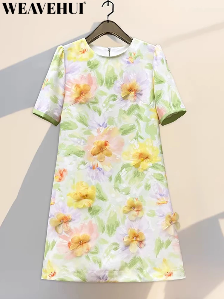 WEAVEHUI Women Classic Style O-Neck Short Sleeves Print Three-dimensional Petal Beading Summer Elegant Mini Dresses