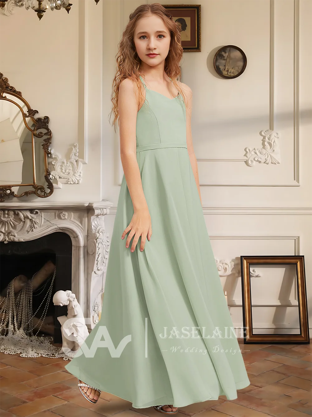 Элегантное шифоновое платье трапециевидной формы с v-образным вырезом длиной до пола, платье подружки невесты без рукавов, праздничное свадебное платье для девочек с цветочным узором