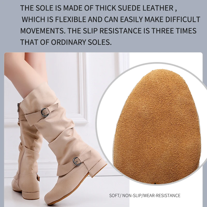 Woman Beige Dance Boots For Girls Flannel Ballroom Dancing Shoes For Women Soft Bottom Latino Shoes For Kids Flat Heel 2.5cm