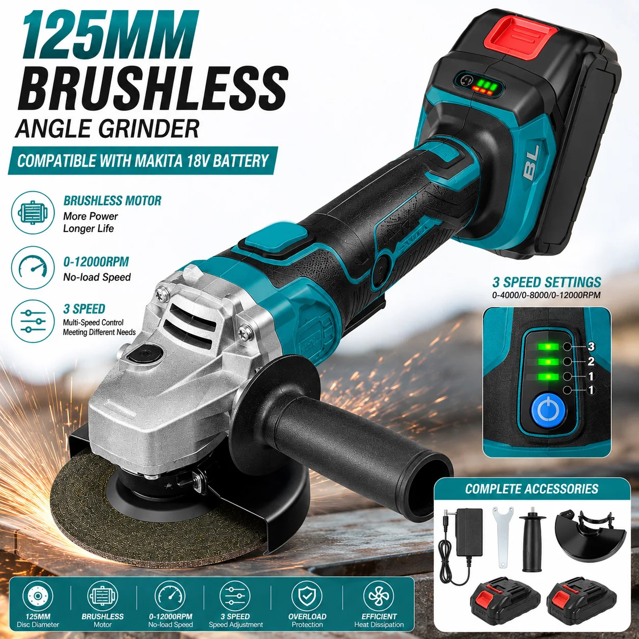 125mm Bürstenloser Akku-Winkelschleifer für Makita 18V Batterie, 3-Gang-Elektroschleifer zum Schneiden, Schleifen & Polieren von Metall und Stein