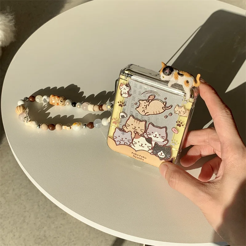 Koreański uroczy kotek 3D z miejscem na kartę składane etui na telefon Samsung Z Flip3 4 zflip5 flip6 Galaxy 5G Kawaii flip z łańcuszkiem — zdjęcie produktu 2