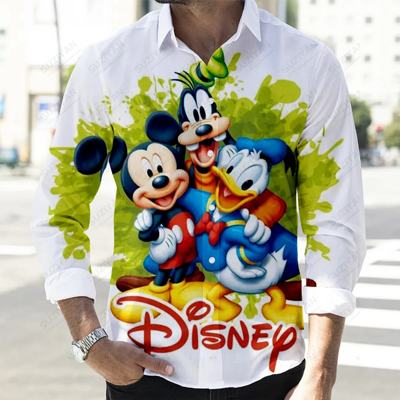 2022 outono novo casual botão up camisas praia férias manga longa disney 3d impressão completa moda masculina lapela topos