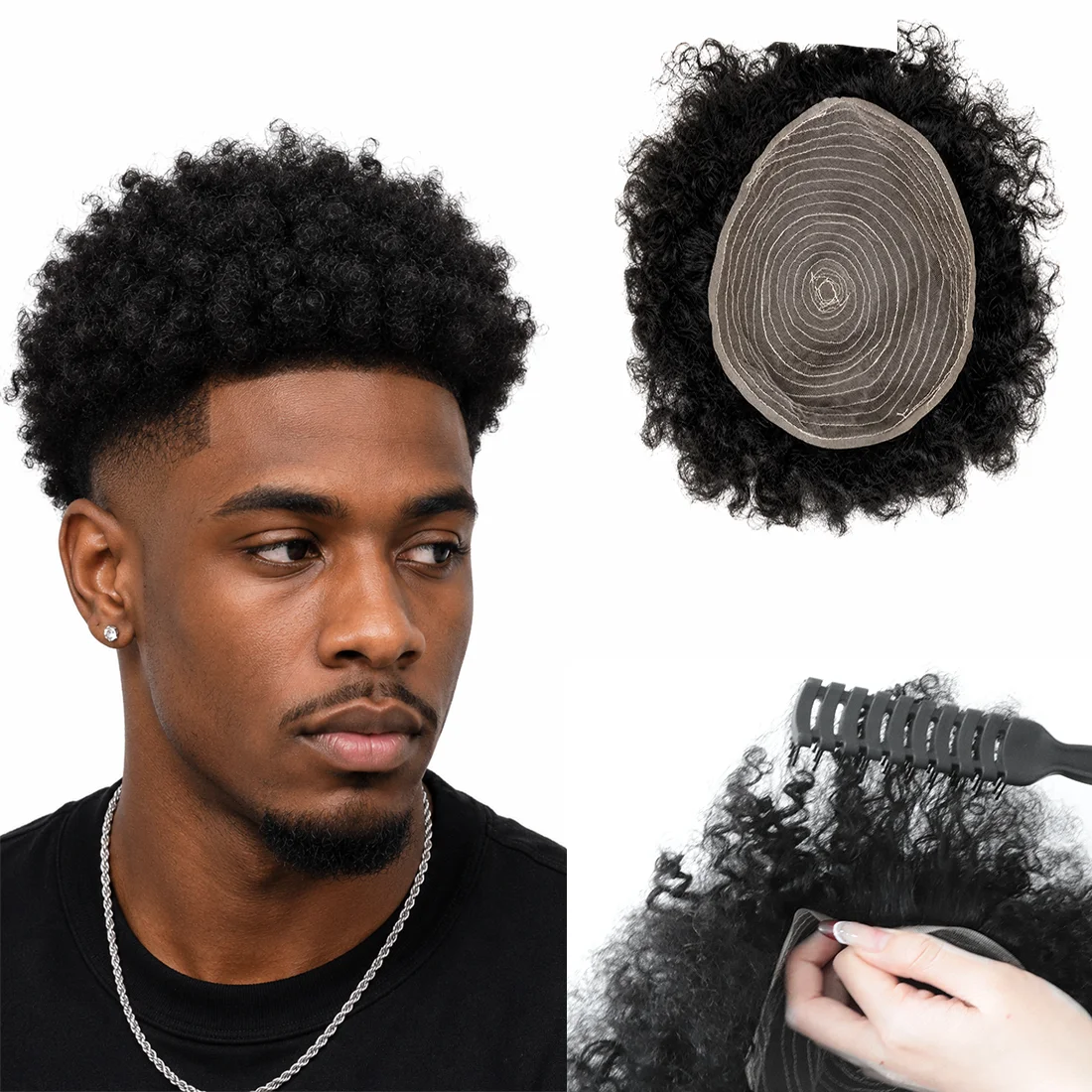 Men's African Curly Human Hair Toupee Full Coverage Breathable Lace Natural Curls Comfortable Secure Real Human Hair