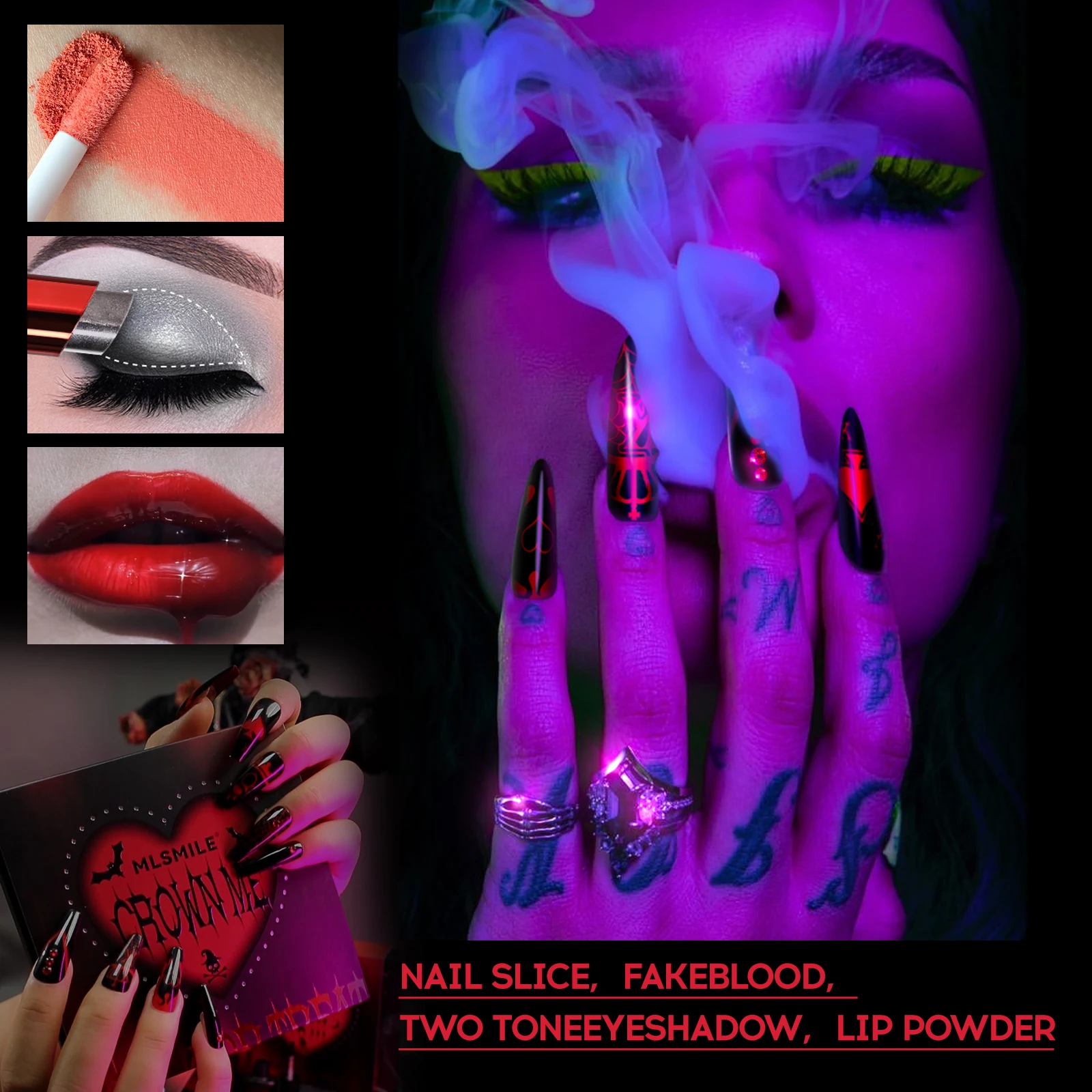Ensemble de maquillage d'Halloween, rouge à lèvres sang, fard à barrage rose, chlore avec nail art et outils, kit de cosmétiques Halloween invité