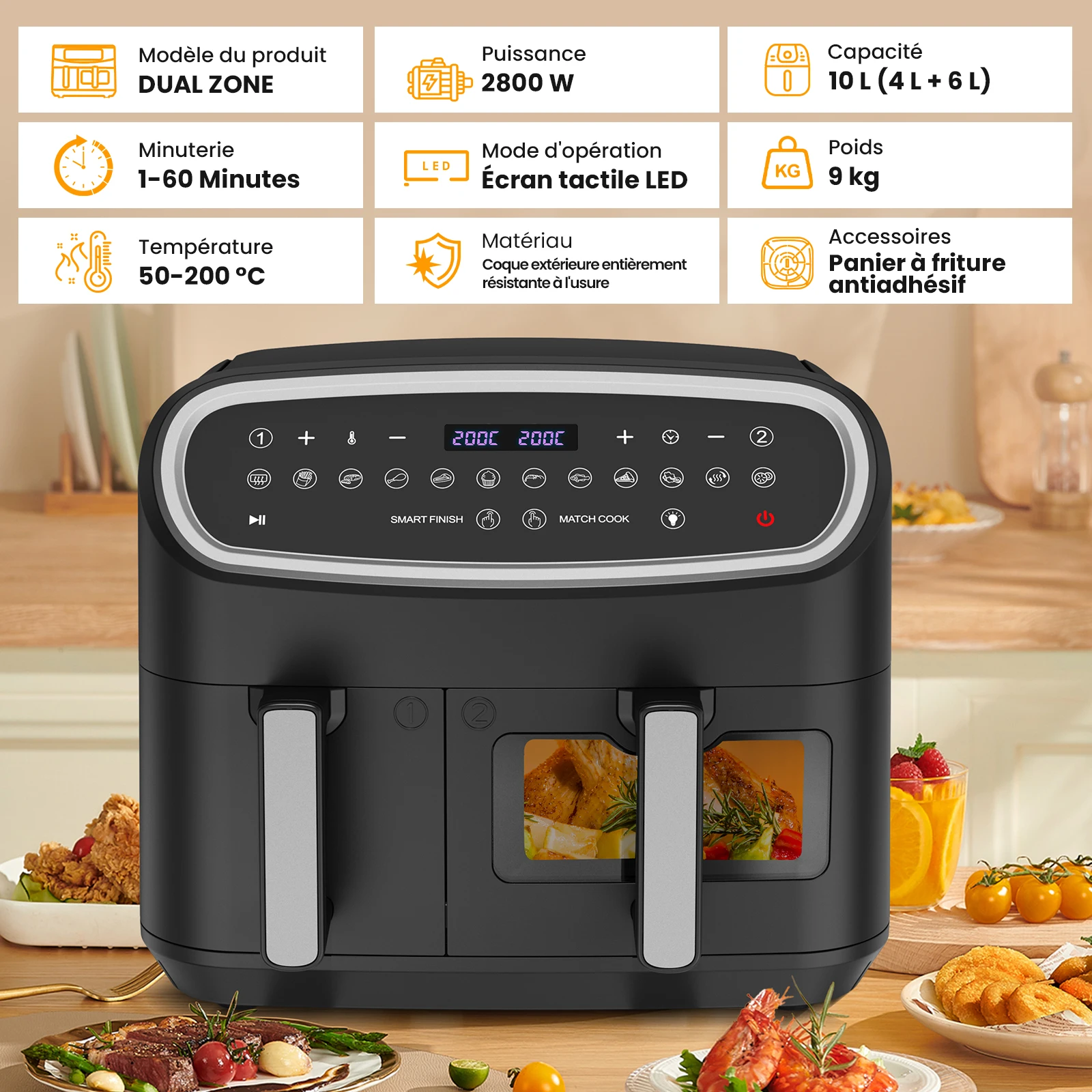 Friteuse à air double zone XXL 10L (6L+4L) – 2800W, 12 programmes prédéfinis, affichage LED, fonction de préchauffage et fenêtre de visualisation