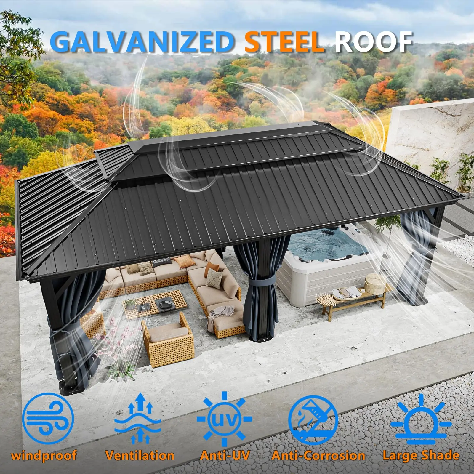 12×20 Hardtop Gazebo with Metal Roof, Heavy Duty Galvanized Steel Gazebo with Reinforced Aluminum Frame, Flame-Resistant Curtain view 2
