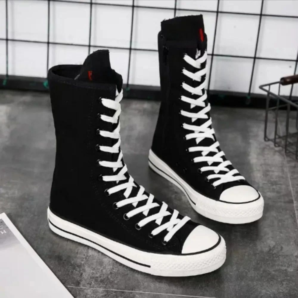 Mid Tube Veter Sport Hardloopschoenen Voor Dames Kant Rits Canvas Schoenen Casual Schoenen Hoge Top Casual Vrouw Sneakers Laarzen