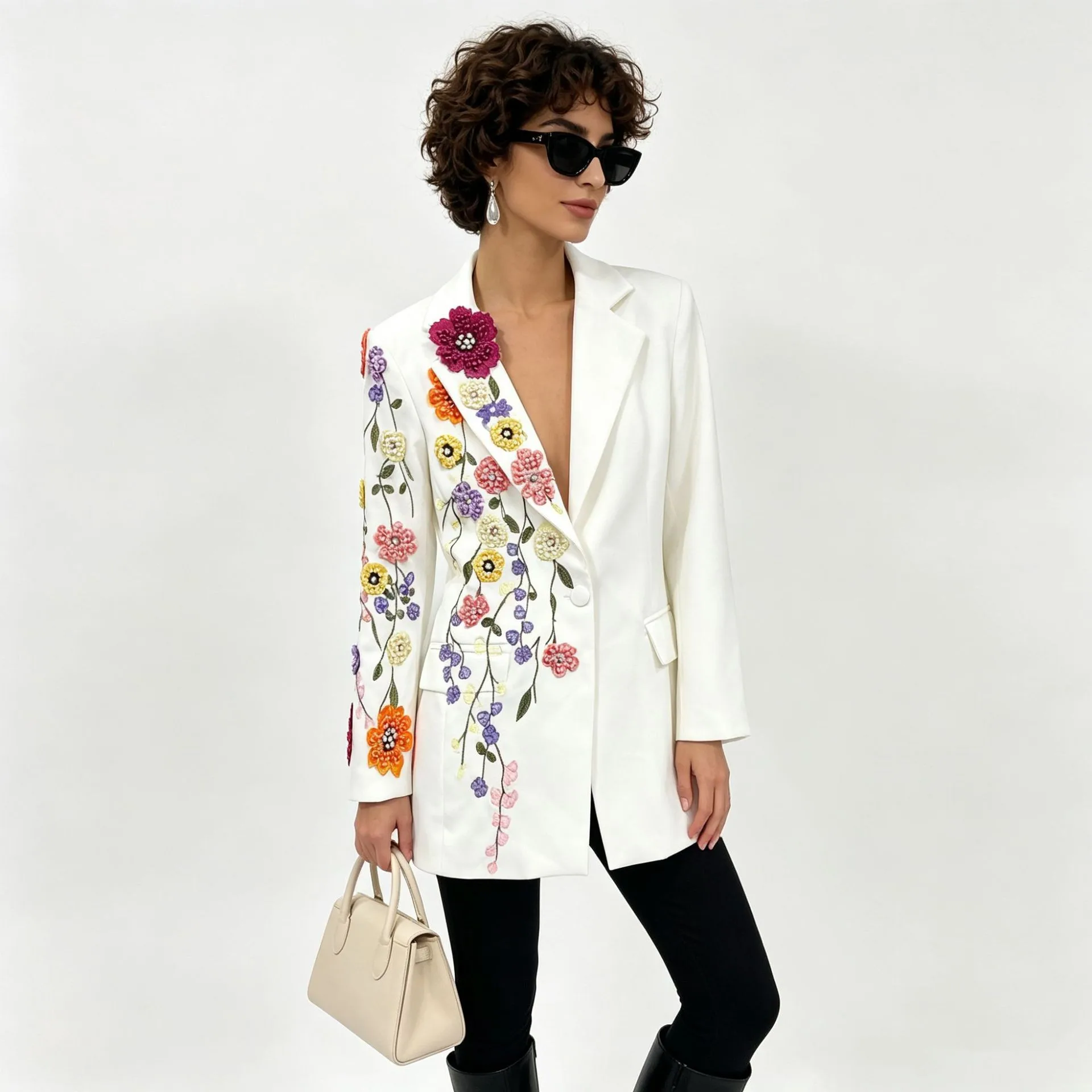 Floral Embroidery 3D Pattern Coat with Regular Length Commuter Style Regular Fit Single Button Closure Elegant Women Jacket