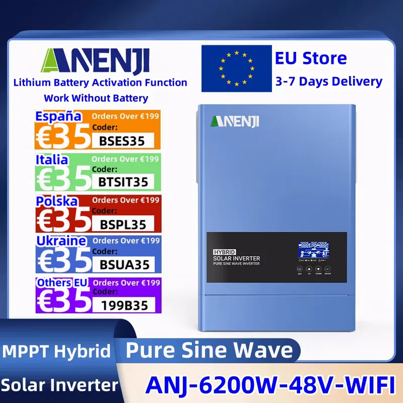 ANENJI 6.2kw Inverter solare ibrido 48v off Grid 220v Inverson Built-in 120A MPPT Regolatore di carica solare PV 60-500VDC con Wifi