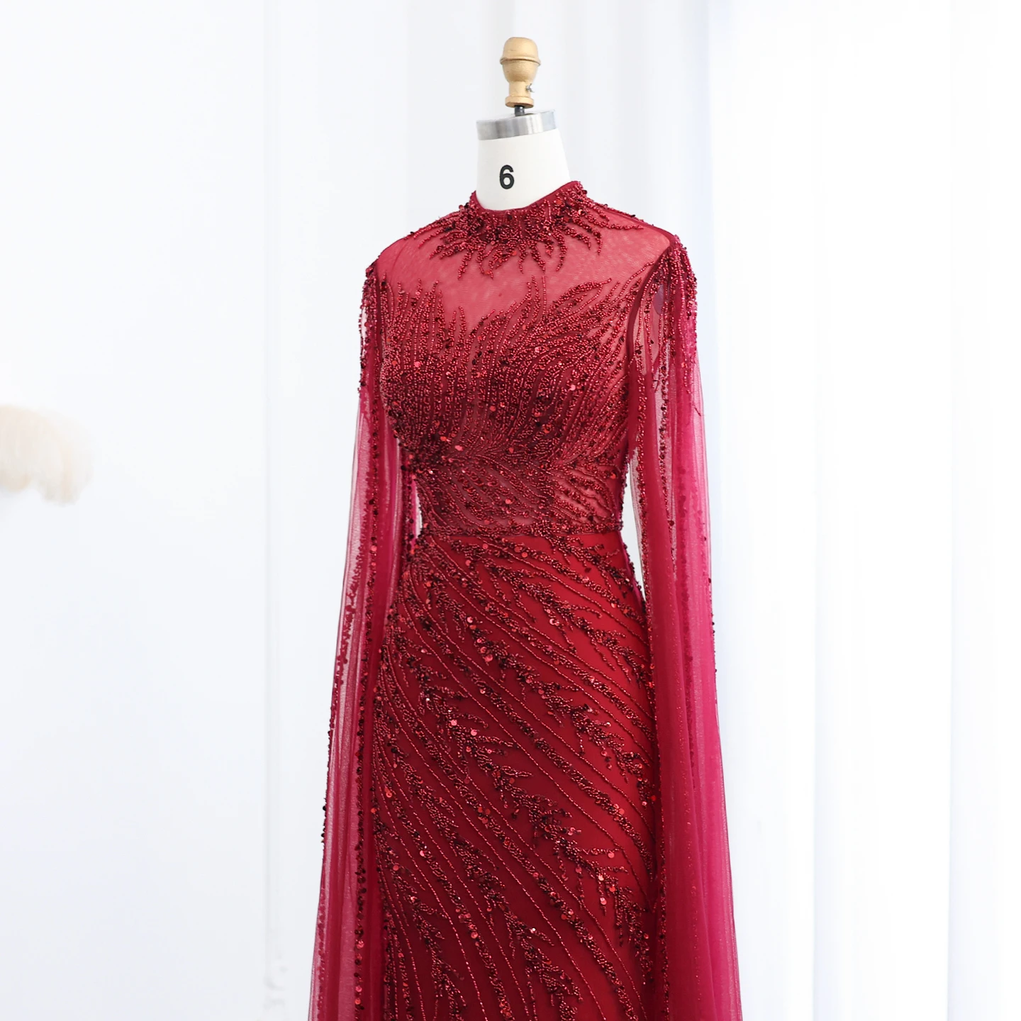 Sharon Said Luxuriöse Schwarze Nude Meerjungfrauen-Abendkleider mit Cape-Ärmeln, Hochgeschlossenem Kragen, Dubai Hochzeits-Party-Formelle Kleider SS162 Maßanfertigung – Detail 16