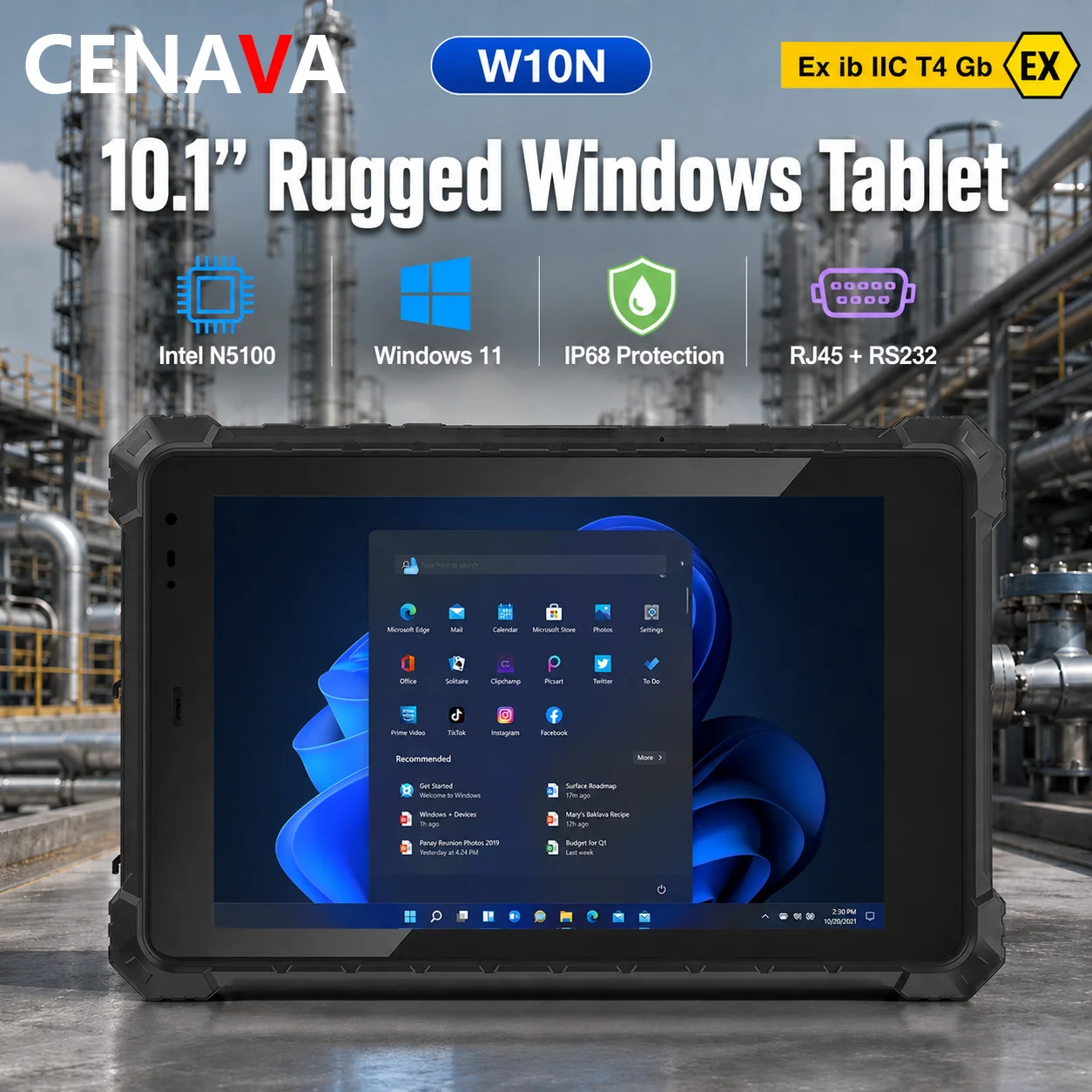 Immagine: CENAVA W10N Tablet Industriale Robusto da 10.1 Pollici IP68 con Windows 11, Intel N5100, 8GB, 128GB, RJ45, RS232, Antiurto e Impermeabile
