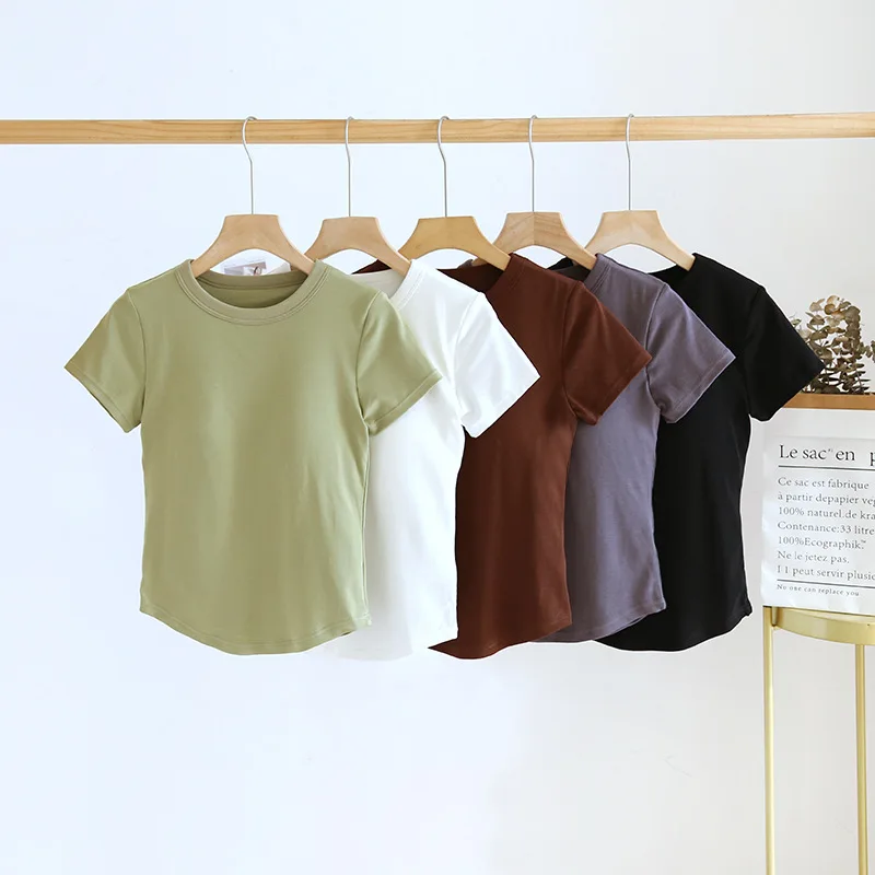 Women's T-Shirts Solid Color with Padded Bust Short Sleeve Base Layer Tops Casual Slim Round Neck Female Blouse Outwear  C5714