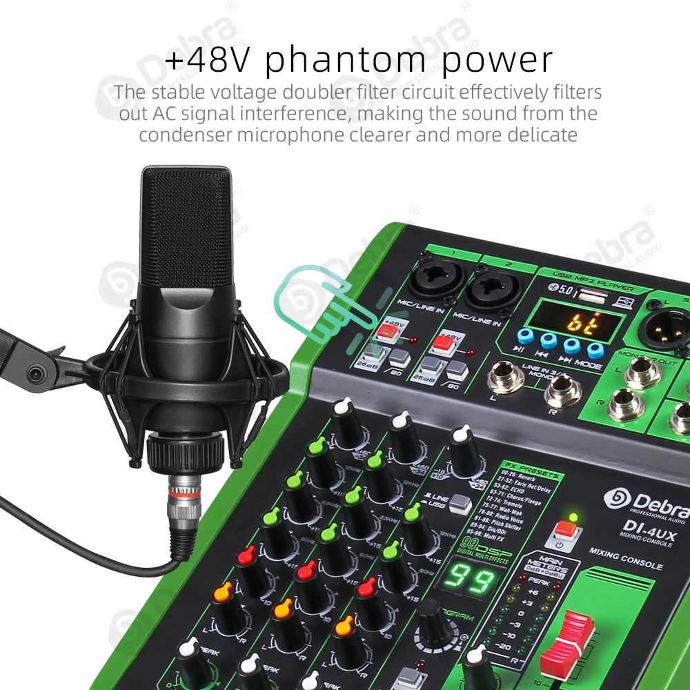Debra Mixer Audio per Console DJ a 4 canali con riverbero digitale 99DSP Bluetooth 5.0 professionale per la registrazione di PC da palco Karaoke